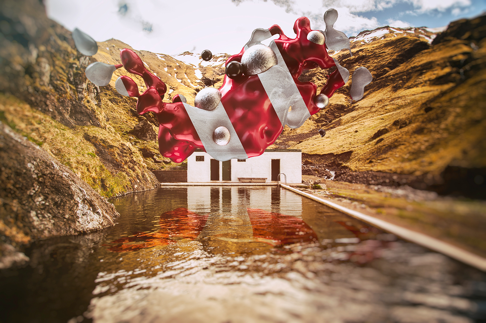 Seljavallalaugn, Iceland Hot Springs Pool, Iceland, Mountain Pool, Abstract Art, Digital Art, Lost in Iceland, Cinema 4D, C4D, 3D Render, CGI, Scifi, Iceland, landscape, Nikon D700, 52 Renders