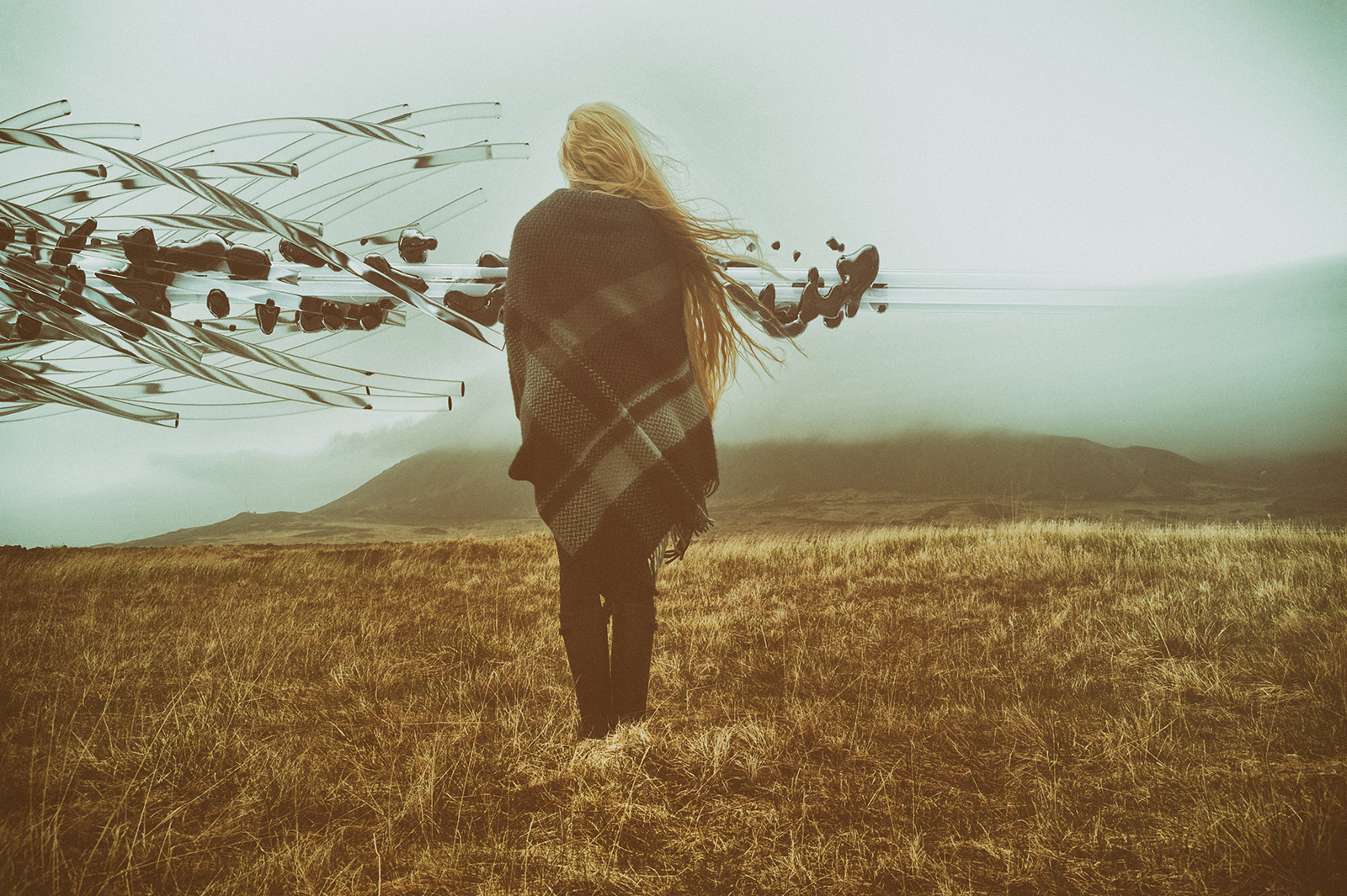 Budir, long blond hair, wind, Cinema 4D, C4D, 3D Render, CGI, Scifi, Iceland, mountains, Nikon D700, 52 Renders